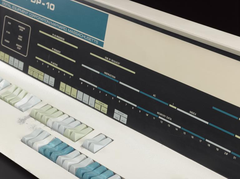 The switches and front panel of a vintage DEC PDP-10 computer